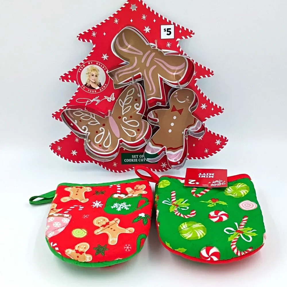 5 Pc Christmas Baking Set-- 3 Dolly Parton Cookie Cutters, 2 Holiday Potholders